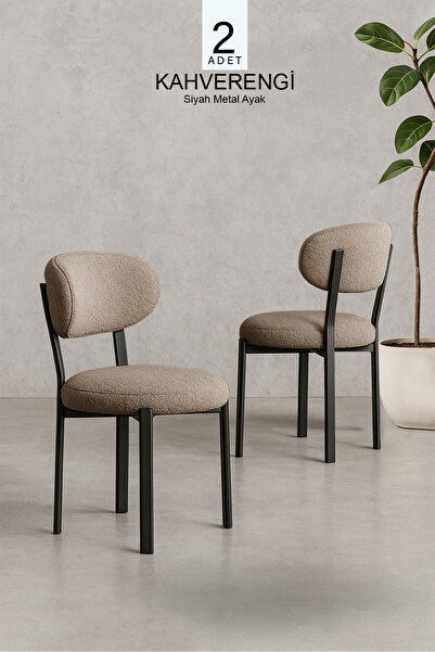 Renlife Vivo Serisi 2 Adet Metal Ayaklı Tedy Kumaş Sandalye (KAHVERENGİ)
