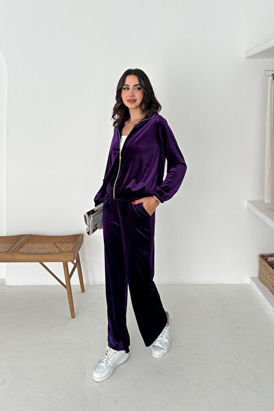 MODAMİNEM Women's Zippered Velvet Tracksuit Set