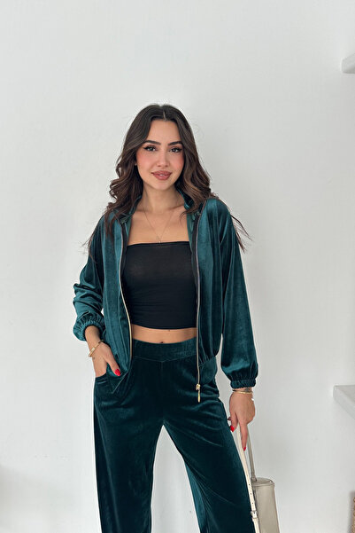 MODAMİNEM Women's Zippered Velvet Tracksuit Set