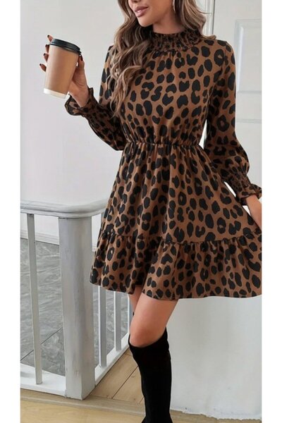 JANES Γυναικείο μίνι φόρεμα με μακρύ μανίκι με λεοπάρ στάμπα