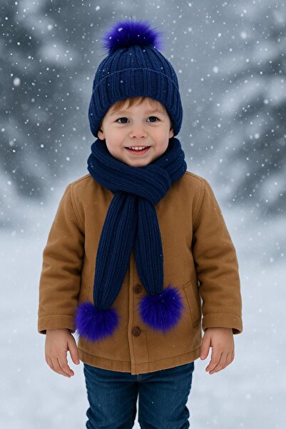 ues Dark Blue Single Pompon Knitwear Scarf Beanie Set