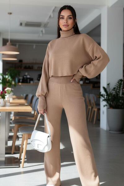 Mossta Women's High Neck Crop Knitwear Two-Piece Set – Balloon Sleeves, High Waist Pants – Mink