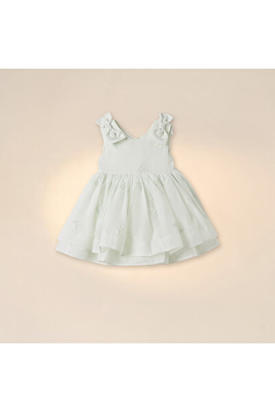 giggles Butterfly Embroidered Sleeveless Dress with Bow Detail and V-neck
