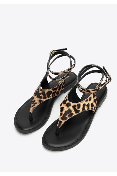 Wittchen Women's Leather Flip-Flop Sandals with Animal Print in Black and Brown