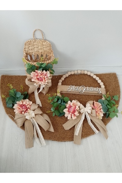 JollyShop Hasır sepet 3lü takım kapı süsü paspas takımı ev hediyesi
