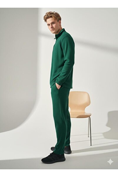 ribana Unisex Corded Fabric Shirt Collar Zippered Pocket Elastic Waist Knitwear Bottom Top Set