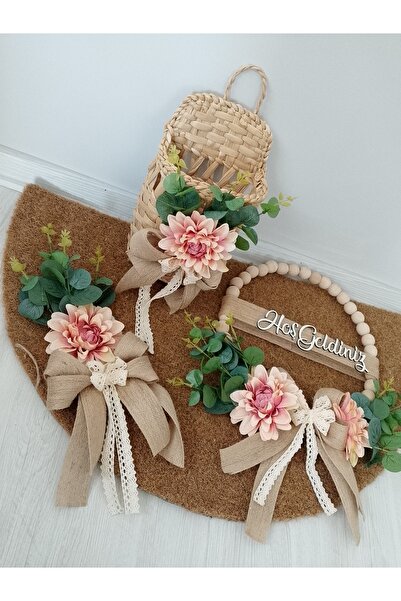JollyShop Hasır sepet 3lü takım kapı süsü paspas takımı ev hediyesi