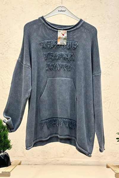 sahnemoda Long sleeve cotton sweater with pockets and tassels