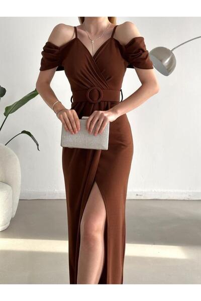 Modafeminen Off-Shoulder Slit Belted Dress 582134 Coffee