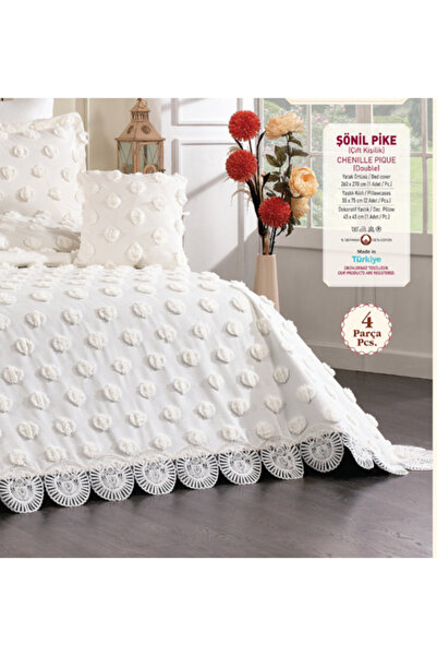 baladı home ev tekstil home collection Double Pompom Bedspread with Lace (Set of 4 Pieces) Bedspread and 2 Pillowcases Pique