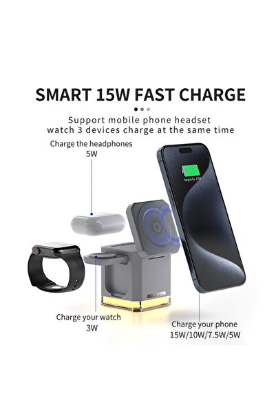 AdyMel ® 4-in-1 Wireless Fast Charger with Night Light, 15W, White