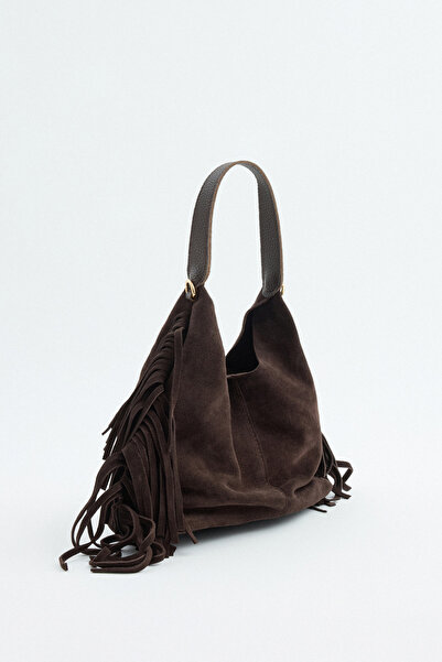 LUTVELIZADE Bag 2530 - Bitter Brown Suede Women's Bag with Tassel Stitching Detail