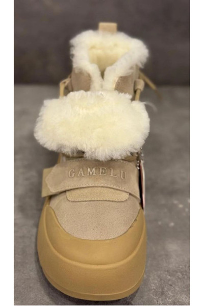 GAMELU Tape Women's Beige Genuine Leather Fur Thick Platform Sole Velcro Winter Comfortable Snow Boots Postal Shoes