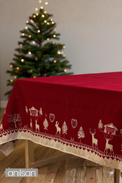 Anılsan Kırmızı Yılbaşı Desenli Masa Örtüsü – Geyik ve Çam Ağacı Motifli, Şık...