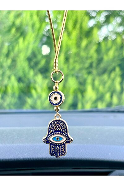 Azrua Gilded Navy Blue Hand of Fatima Metal Car Mirror Ornament Car Charm Bag Accessory