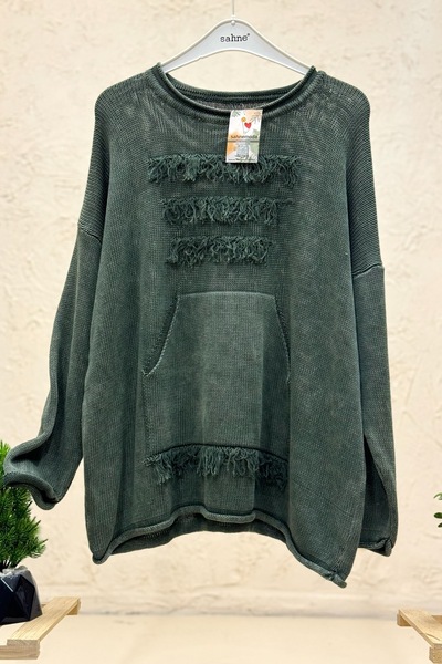 sahnemoda Long sleeve cotton sweater with pockets and tassels