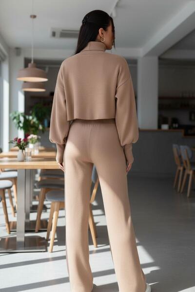 Mossta Women's High Neck Crop Knitwear Two-Piece Set – Balloon Sleeves, High Waist Pants – Mink