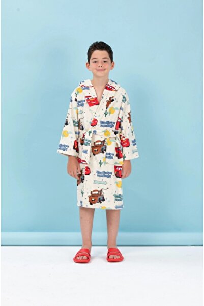 Özdilek Disney Licensed Cars Spring Cream Embroidered 7-8 Years Old Hooded Children's Bathrobe