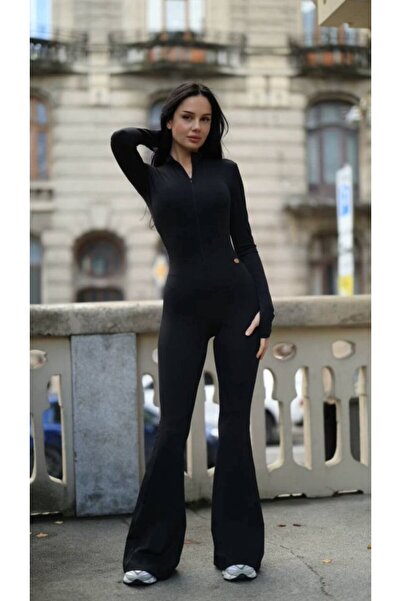 JANES Women's Long Sleeve Turtleneck Zipper Detail Flared Leg Jumpsuit
