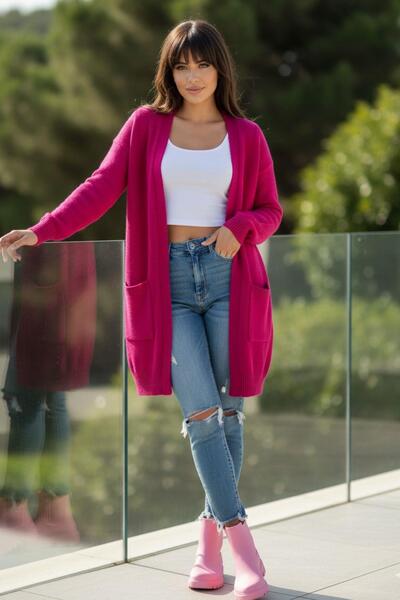 Mossta Women's Long Pocket Knit Cardigan – Energetic Color, Soft Knit – Fuchsia
