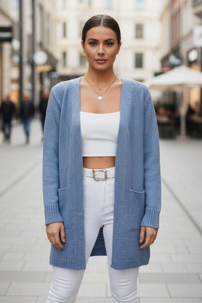 Mossta Women's Long Pocket Knit Cardigan – Casual Comfortable Style, Soft Texture – Indigo