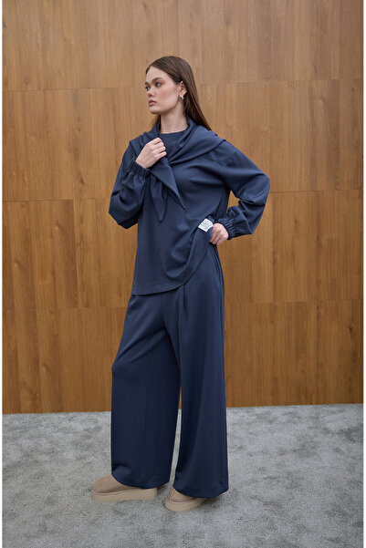 Birgül Bektaş Navy Blue Shawl Detailed Sweatshirt