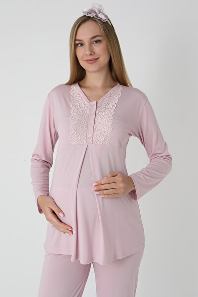 ERDENİZ TEKSTİL Pregnant Women's 3-Piece Pajama & Robe Set – Jacquard Fabric with Bow Pattern, Breastfeeding, Viscose-Cotton