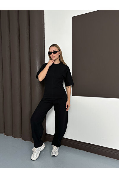 MODAMERSİ Women's Black Waist-Tied Short Sleeve Blouse Pants Two-Piece Set