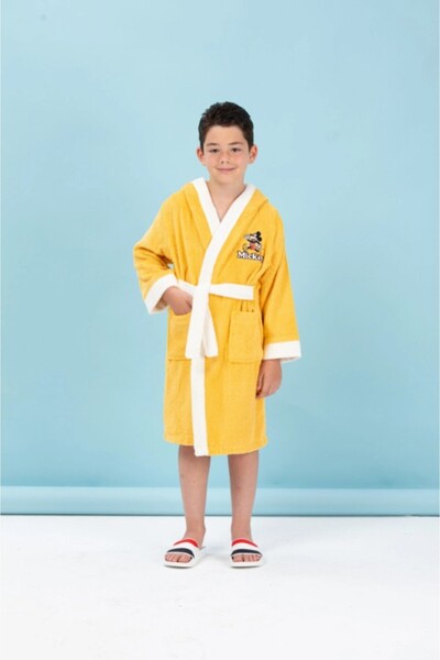 Özdilek Disney Lisanslı Mickey Mouse Happy Sarı Nakışlı 5-6 Yaş Kapüşonlu Çocuk Bornozu