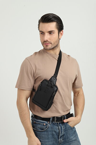 en deri Men's Black Multi-Compartment Cross Strap Shoulder Bag Crossbody Bag