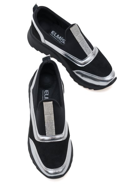 Solo Bag Chiara Laurent Black Leather Laceless Thick Sole Metallic Detailed Stoned Casual Sports Shoes