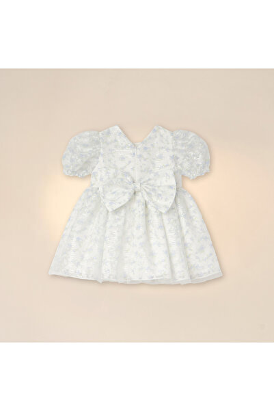 Juniors Embellished Puff Sleeves Dress with Bow Accent
