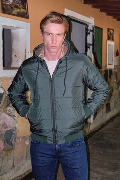 Masimar Men's Fur Lined K Hooded Green Puffer Jacket