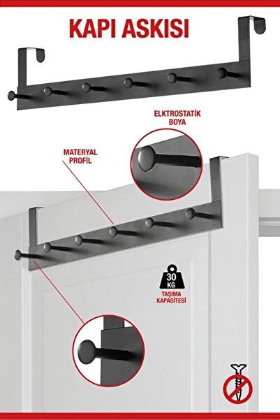 MAKRİ HOME Umeraș practic din metal pentru ușă, 6 bucăți - Capacitate de încărcare 30 kg, negru, 46,5 cm