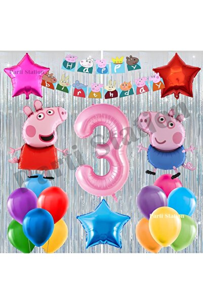 Parti Station Peppa Pig Concept 3Rd Birthday Balloon Set Pink Pig Peppa Pig and George Theme Silver Birthday