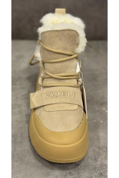 GAMELU Tape Women's Beige Genuine Leather Fur Thick Platform Sole Velcro Winter Comfortable Snow Boots Postal Shoes