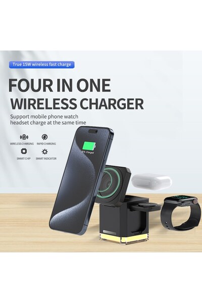 AdyMel 4-in-1 Wireless Fast Charger with Night Light, 15W, for Phone, Earbuds, Smartwatch, Black