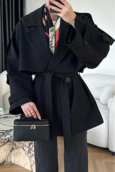 Suziş Black Belted Oversize Standard Size Short Trench Coat 9580