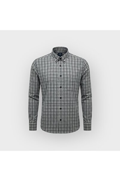 KAMER Regular Fit Winter 100% Cotton Long Sleeve Button-Up Collar Plaid Grey Shirt 3866g