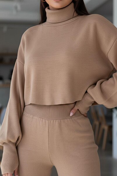 Mossta Women's High Neck Crop Knitwear Two-Piece Set – Balloon Sleeves, High Waist Pants – Mink