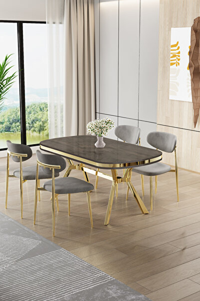Canisa Olya Serisi 90x168 MDF Sabit Lak Panel Antrasit İroni Masa Takımı Gold...