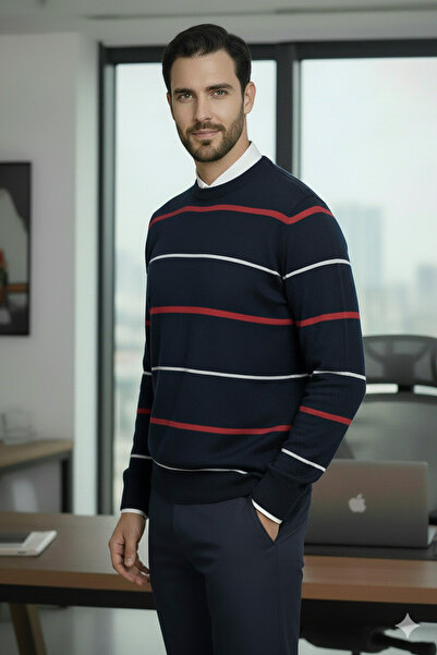 Millionaire Men's Stripe Detailed Navy Blue Red Crew Neck Standard Regular Cut Regular Fit Knitwear Sweater