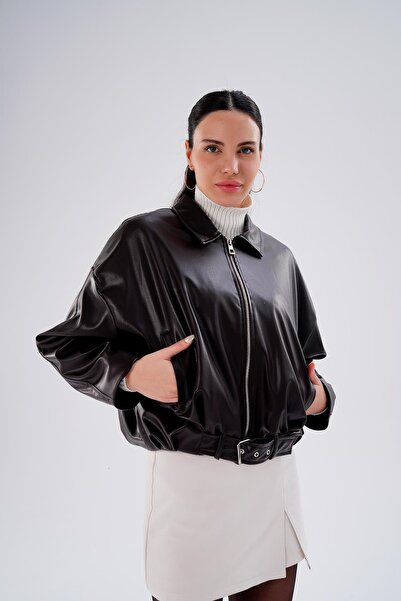 ŞİMAL Women's Belt Detailed Leather Jacket 255441 -