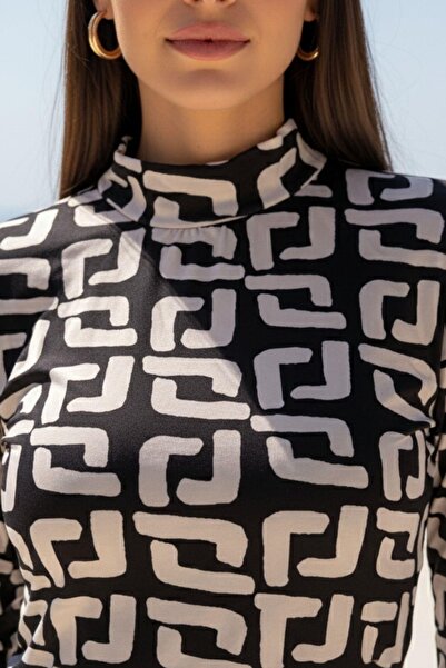 Mossta Women's Modern Patterned Half High Neck Blouse – Stylish Casual & Office Style – Black/Beige