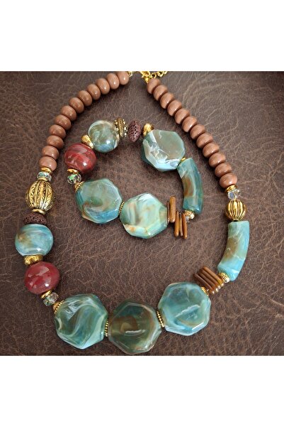 azra takı tasarım Handmade Authentic Bohemian Acrylic Colorful Women's Necklace and Bracelet Set