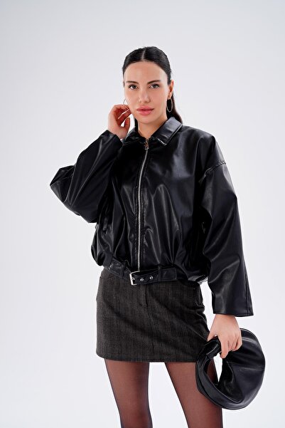 ŞİMAL Women's Belt Detailed Leather Jacket 255441 -