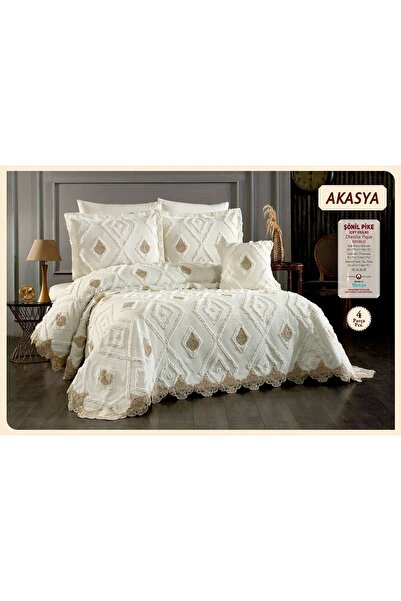 baladı home ev tekstil home collection Double Pompom Bedspread with Lace (Set of 4 Pieces) Bedspread and 2 Pillowcases Pique