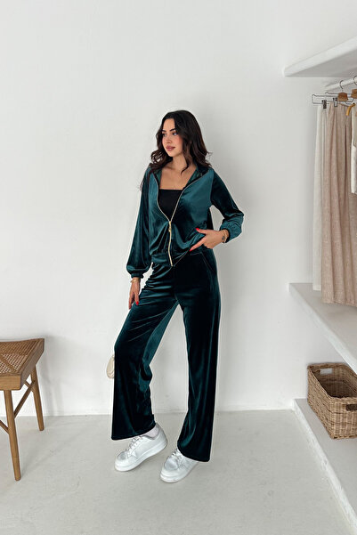 MODAMİNEM Women's Zippered Velvet Tracksuit Set