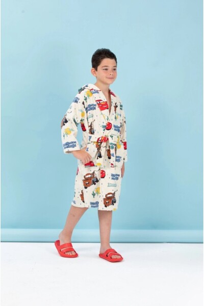 Özdilek Disney Licensed Cars Spring Cream Embroidered 7-8 Years Old Hooded Children's Bathrobe