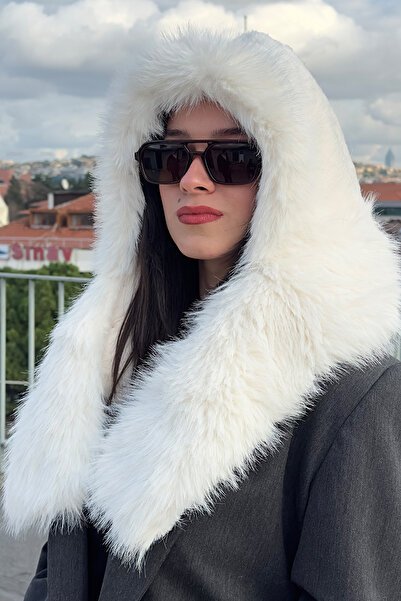 Mollycrush Women's White Faux Fur Scarf Hat – Winter Warm Soft Plush Model